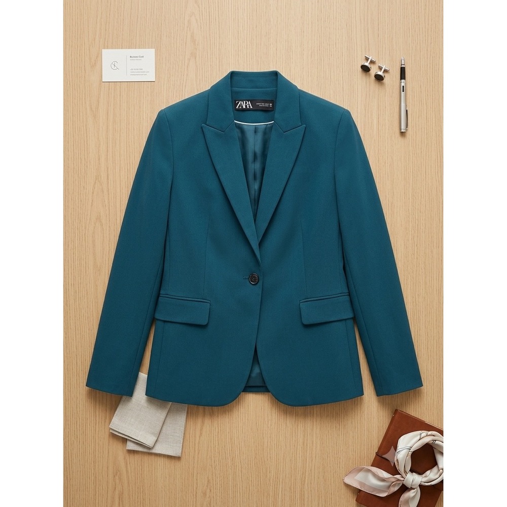 Zara Basic Women Teal Blue Single Button Notched Lapel Blazer Jacket Size 8